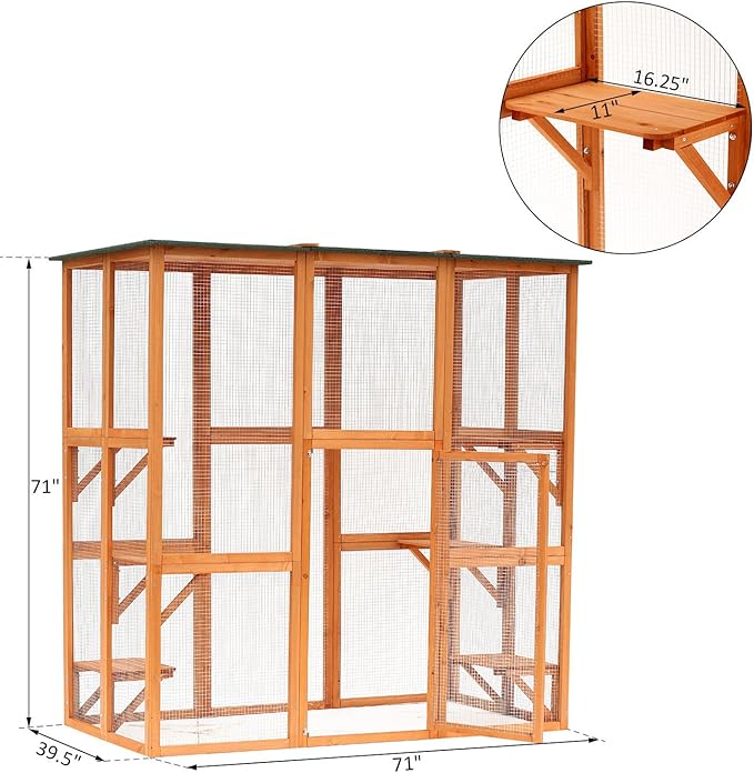 PawHut Outdoor Cat House Big Catio Wooden Feral Cat Shelter Enclosure with Large Spacious Interior, 6 High Ledges, Weather Protection Asphalt Roof, 71" L, Orange