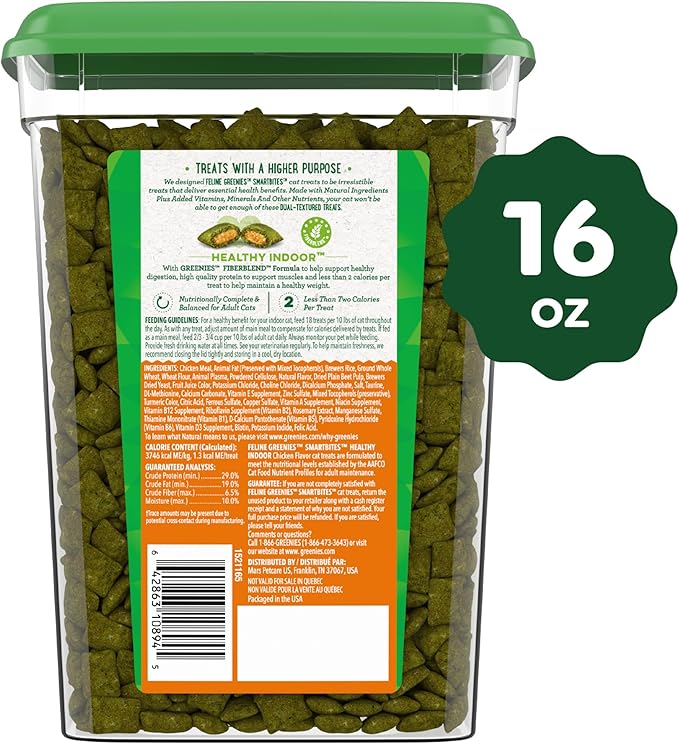 Greenies Feline Smartbites Healthy Indoor Cat Treats, Chicken Flavor, 16 oz. Tub