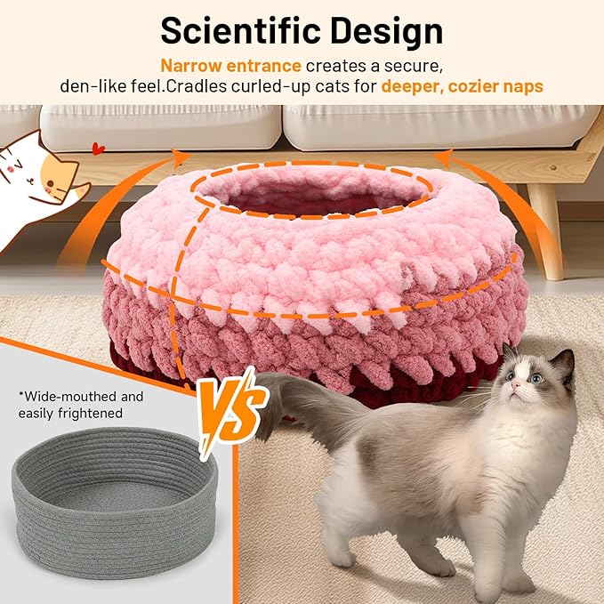 Cat Nest Bed for Indoor Kitten Cloud Pink Handwoven Washable Extra Soft Round Cave House Furniture