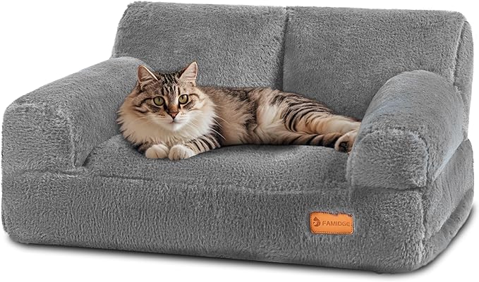 Cat Couch Bed - Cat Bed for Indoor Cats, Calming Pet Sofa Puppy Sleeping Bed with Removable Washable Cover, Cute Dog Couch and Kitty Lounge Chair for 20lbs Cats & Small Dogs(Light Grey)