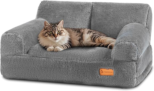 Cat Couch Bed - Cat Bed for Indoor Cats, Calming Pet Sofa Puppy Sleeping Bed with Removable Washable Cover, Cute Dog Couch and Kitty Lounge Chair for 20lbs Cats & Small Dogs(Light Grey)