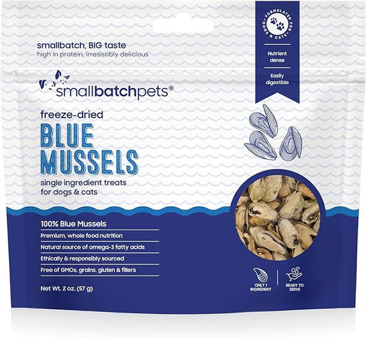 smallbatch Pets Freeze Dried Cat & Dog Treats, 2oz - 100% Blue Mussels, Organic High Protein Treats, Omega 3 Fatty Acids, Gluten Free, Grain Free, Made in The USA, Ethically Sourced, Single Protein