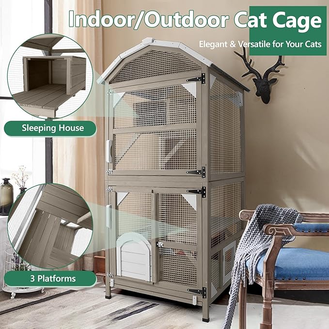 71" Catio Outdoor Cat Enclosures Cat House Waterproof, Indoor Kitty Patio Cage Condo Attachable Window with 3 Platforms Resting Box