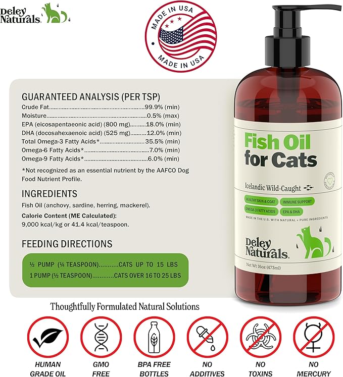 Deley Naturals Wild Caught Fish Oil for Cats with 2X Omega - Cat Fish Oil with Highest EPA & DHA Potency - Omega 3 for Cats for Shedding, Skin, Coat, Joints, Heart and Immune System - Made in The USA