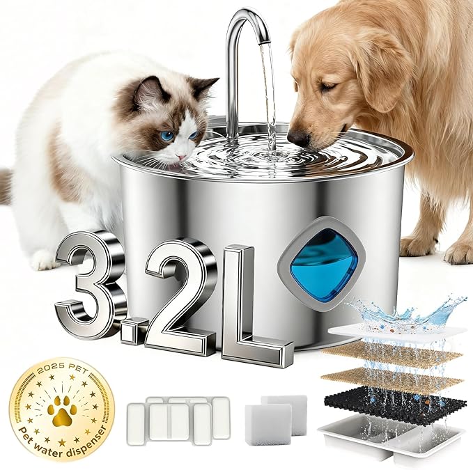 Pawdrate 3.2L/108oz Stainless Steel Dog Water Fountain, Automatic Pet Water Bowl Dispenser with Quadruple Filtration, Ultra-Quiet Circulating Cat and Dog Drinking Fountain