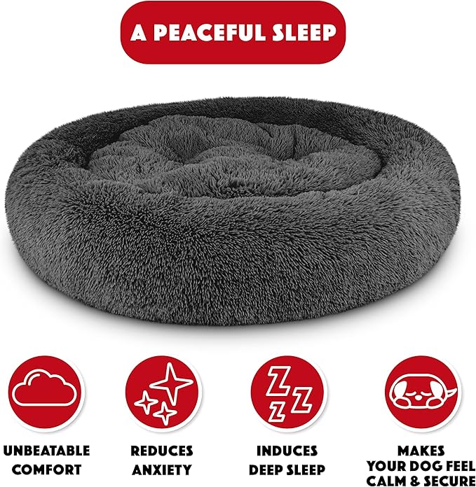 The Dog’s Bed Sound Sleep Donut Dog Bed, XL Steel Grey Fur Calming Nest Bed Removable Cover, Veterinary Approved
