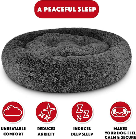 The Dog’s Bed Sound Sleep Donut Dog Bed, XL Steel Grey Fur Calming Nest Bed Removable Cover, Veterinary Approved