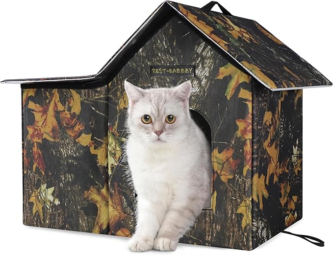 Rest-Eazzzy Outdoor Cat House, Feral Cat House Insulated with Mat and Clip, Weatherproof and Insulated, Cat Beds for Cats Kittens Puppies, Never Blow Away (Leaf, M 13" X 17" X 20")
