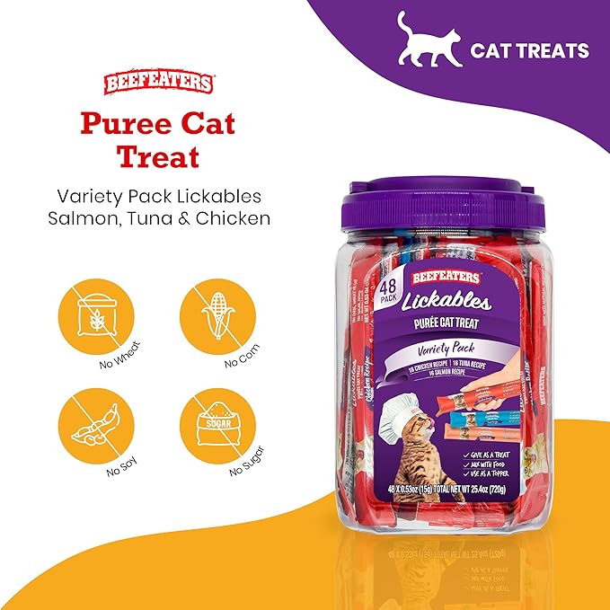 Beefeaters Cat Treats Variety Pack Lickable Puree 48ct – Salmon, Tuna & Chicken, Grain-Free, Taurine-Enriched, Ideal for Training & Interactive Feeding