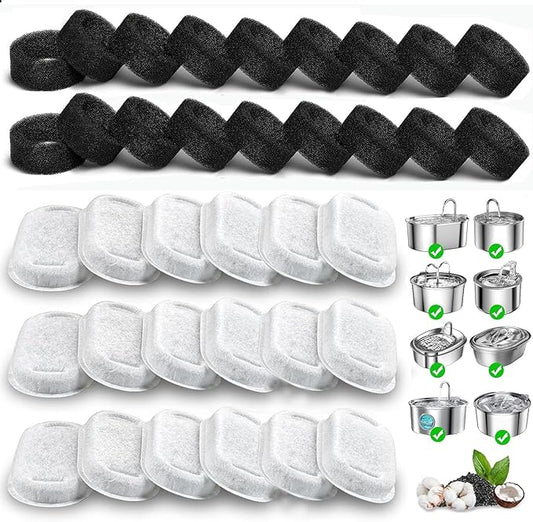 Cat Water Fountain Filters, 36 Pack Replacement Filters for 108oz/3.2L& 67oz/2L Stainless Steel Dog Water Fountain（18 Filters & 18 Sponges