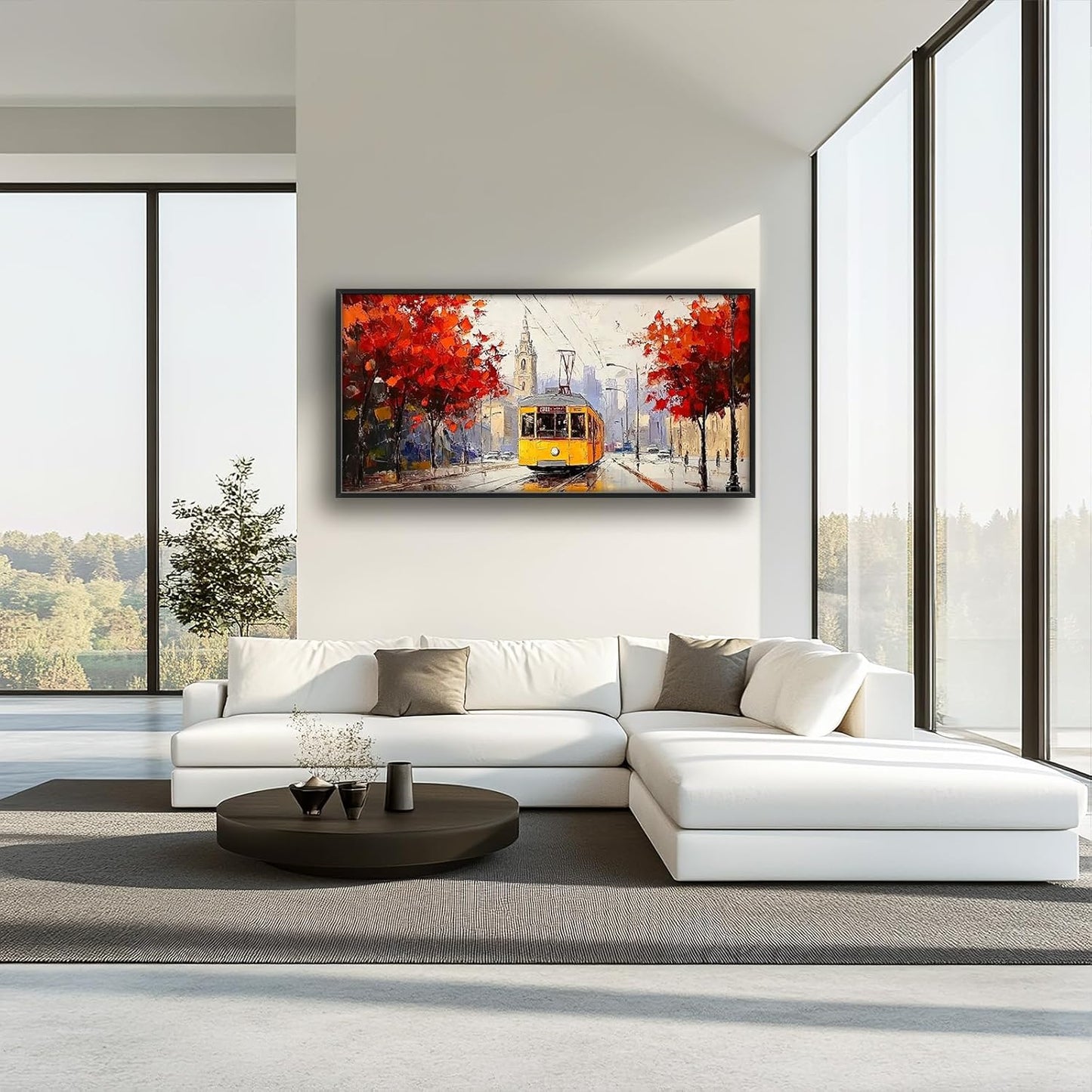 Large Cityscape Wall Art for Living Room, Framed Oversized Urban Tram Wall Decor Tree Landscape Canvas Painting Modern Artwork for Living Room Bathroom Bedroom Office Dining Room 60"x30"