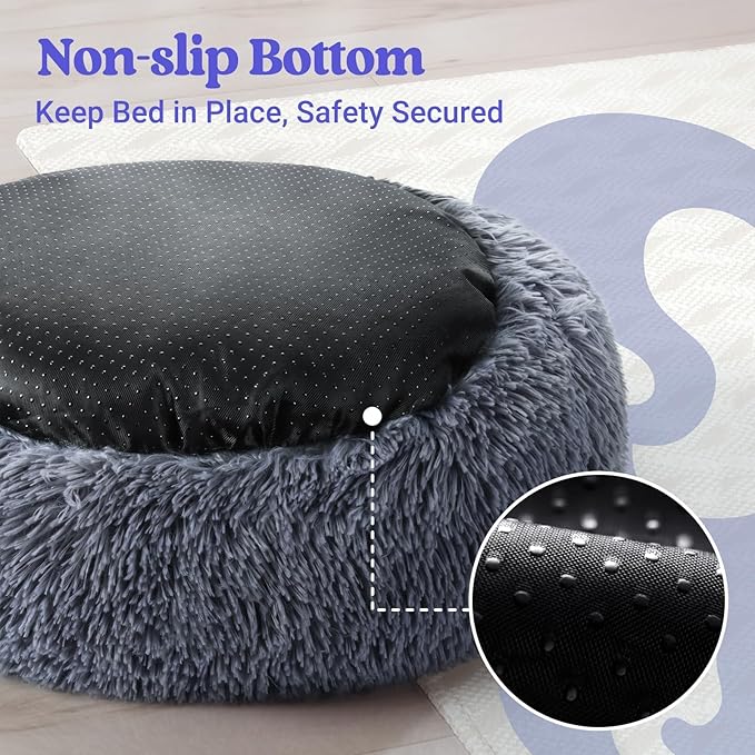 rabbitgoo Calming Dog Bed for Small Medium, 30 inches Pet Bed Machine Washable, Non-Slip Round Fluffy Plush Faux Fur Large Cat Cushion, Soft Donut Cuddler Cushion for Small Dogs, Dark Grey