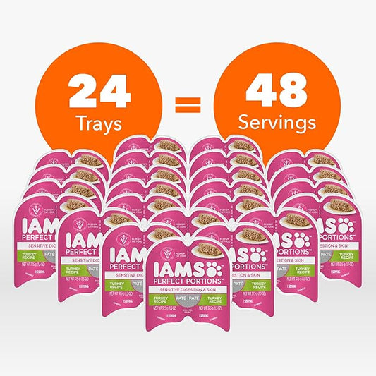 IAMS Perfect Portions Sensitive Digestion & Skin Adult Wet Cat Food Pate, Turkey Recipe, 2.6 oz. Easy Peel Twin-Pack Trays (24 Count, 48 Servings)