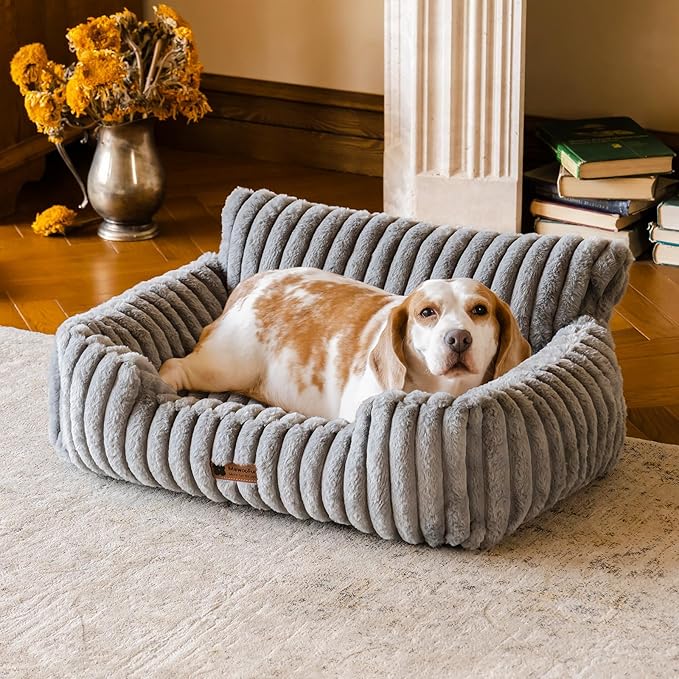 MEWOOFUN Dog Couch Bed, Fluffy Small Dog Bed with Removable Washable Cover, Supportive Cat Couch for Cats & Dogs up to 25 lbs (Grey, 30x21x12)