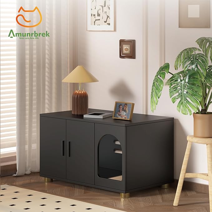 Cat Litter Box Enclosure Furniture, Modern Stackable Litter Box Cabinet with Cat Scratch Mat, Side Table (Black)