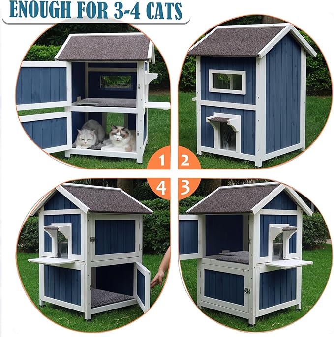 Rockever Outdoor Cat House, 2 Story Outdoor Houses for Feral Cats Wooden Outside Cat Shelter Weatherproof with Escape Door
