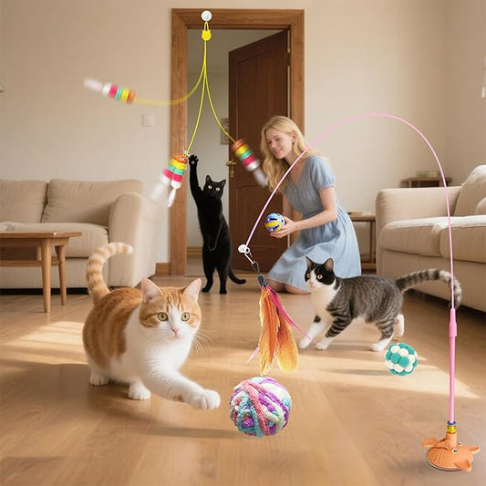 Cat toy pack with 27PCS self play accessories for indoor cats-cat teaser wand, fishing pole, suction cup, ball, string, mouse, feathers and hanging interactive cat toys for kitten Exercise & Chase