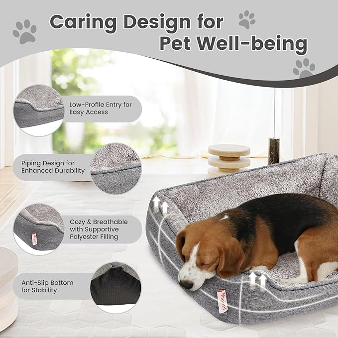 Miguel Faux Linen Dog Bed with Removable Cushion Pillow for Medium Small Dogs, Washable Pet Bed with Side Easy to Wash Puppy Bed, Rectangle Cat Bed for Indoor Cat with Anti-Slip Bottom, Gray 30 Inch