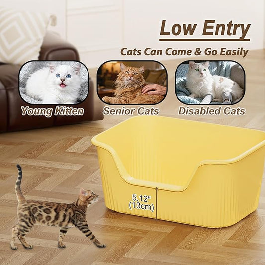 Large Litter Box with High Sides 21.5 * 16.1 * 10.4 inches Big Litter Boxes for Large Cats Easy Clean Open Cat Litter Box, Anti-Splashing&Leak-Proof, Yellow