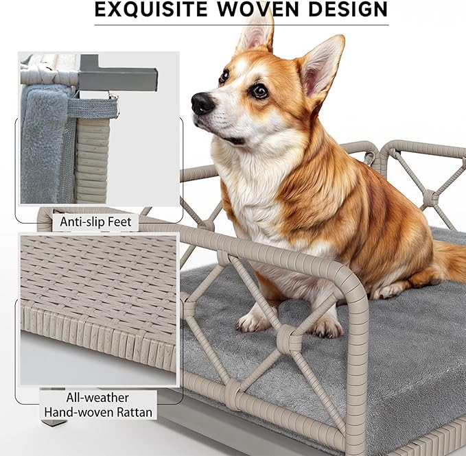 Dog Bed with Cushion, Cooling Elevated Raised Beds with Rattan Breathable Mesh and Universal Mat, Indoor & Outdoor Pet Cots for Small Dog, Grey