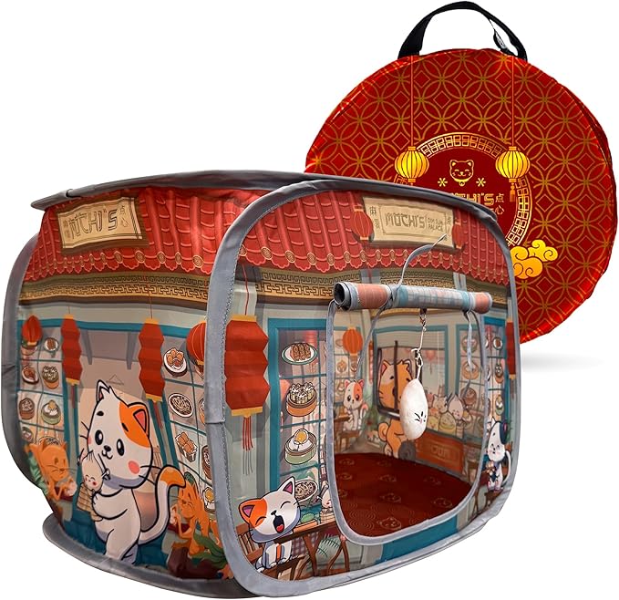 Capnip Cat House & Tent for Indoor Cats – Pop-Up Cat Tent House with Catnip Toy, Restaurant Theme for Cats & Kittens, Mochi’s Dim Sum Palace