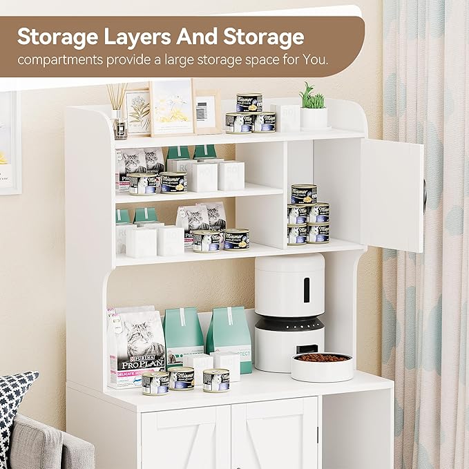 Large Cat Litter Box Enclosure Furniture with 3 Open Shelves and Storage Cabinet, Farmhouse Cat House Washroom with Scratch Pad, Modern Wood Pet House Side End Table for Livingroom Bedroom