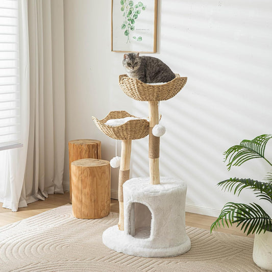 Cat Tree Tower, 46 inch Modern Cat Tree for Indoor Cats Large Adult, Luxury Cat Condo with Scratching Post, Real Solid Wood Branch Indoor Boho Furniture, Climbing Tower, White