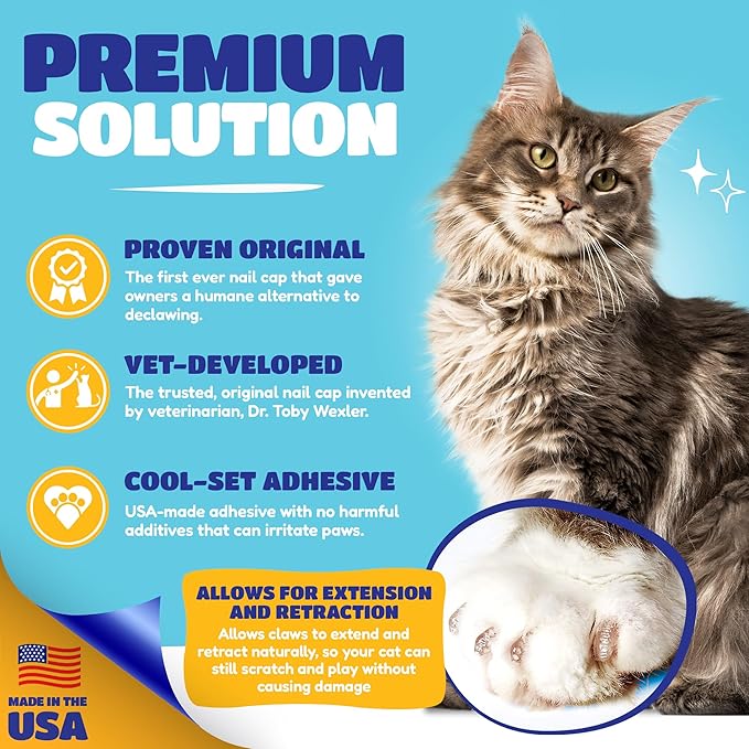 Soft Claws Cat Nail Caps for Large Cats – (40 Caps, Clear) - Made in USA - Veterinarian-Developed | Protects Furniture & Skin - Easy to Apply, Long-Lasting Anti-Scratch Soft Cat Claw Covers