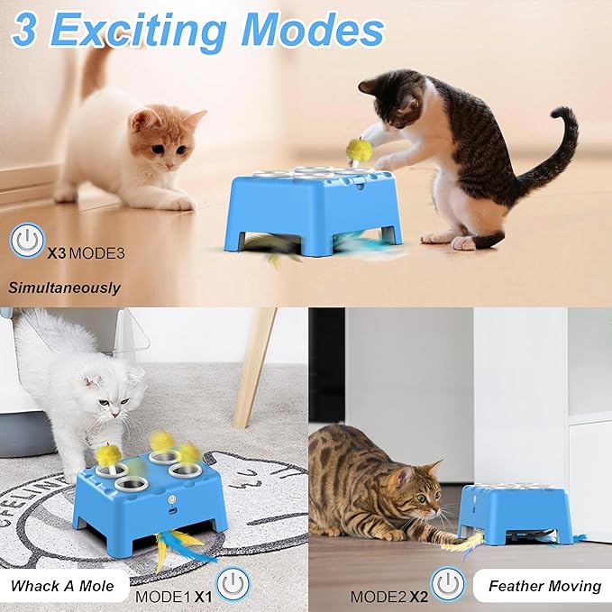 Cat Toys, Interactive Cat Toys, 2-in-1 Moving Concealed Feathers, 4 Holes Mice Whack A Mole Cat Kitten Toy Exercise Toys for Indoor Bored Adult Cats, USB Rechargeable Electronic Kitten Toys (Blue)