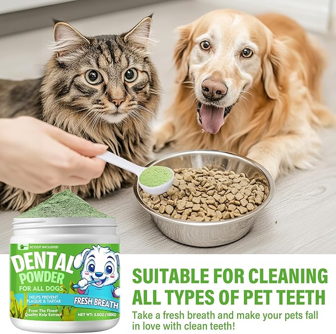 Dog Dental Powder, Dog Breath Fresh Powder, Teeth Cleaning, Reduce Bad Breath & Plaque, Suitable for Dogs and Cat (100g)