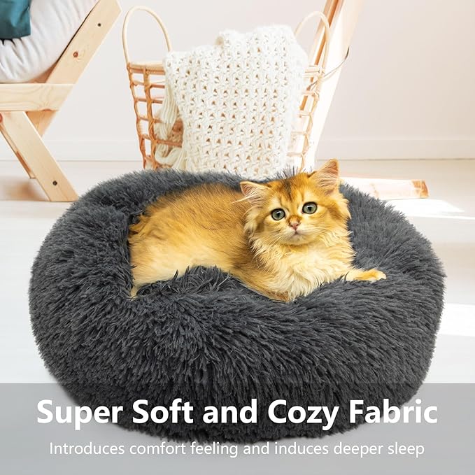 Cat Beds for Indoor Cats Dog Beds for Medium Dogs Round Pet Bed for Puppy and Kitten with Slip-Resistant Bottom Plush Donut Cat Bed, Dark Grey