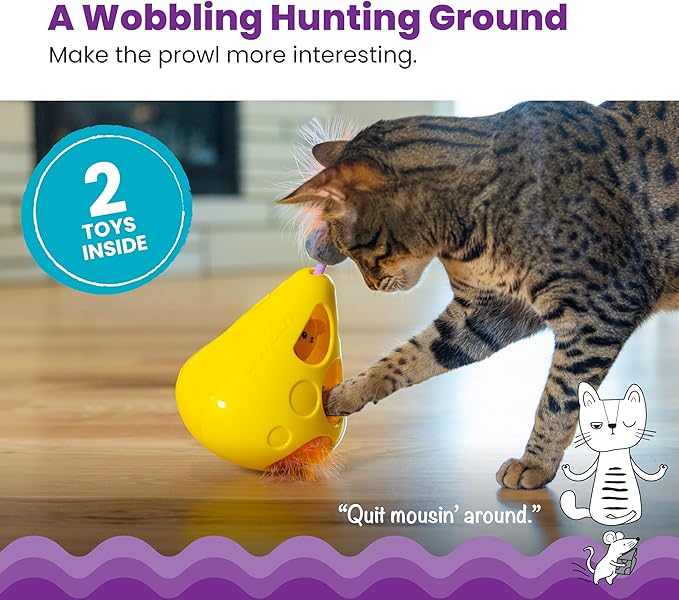 Catstages Mousin' Around Wobble Wedge, Plush Catnip Blend Cat Toy and Rolling Ball Inside, Yellow
