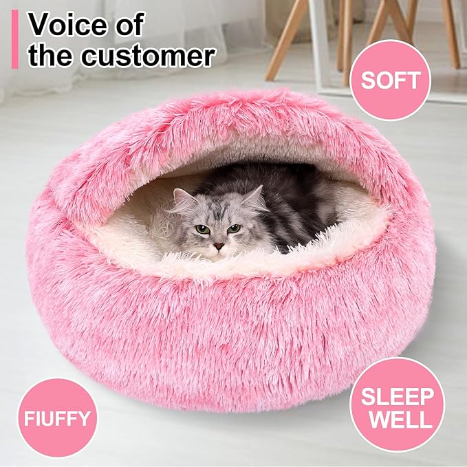 Calming Dog Beds with Hooded Cat Cave Cover - Removable, Washable Round Beds for Small to Medium Pets, Anti-Slip Faux Fur Fluffy Cover for Improved Sleep - Fits up to 15/25 lbs (Pink, M)