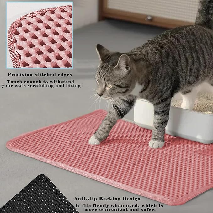 HCY&WLD Cat Litter Mat, Honeycomb Double Layer Cat Litter Trapping Mat, Waterproof Urine Proof Non-Slip, Scatter Control, Less Waste, Easier to Clean (Pink, 24" X 18")