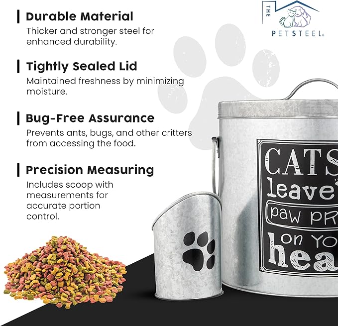 Silver 20lb Cat Food Storage with Scoop | Pet Container for food that can fit in the pantry | Modern Beautiful Cat Pet Food Storage Container