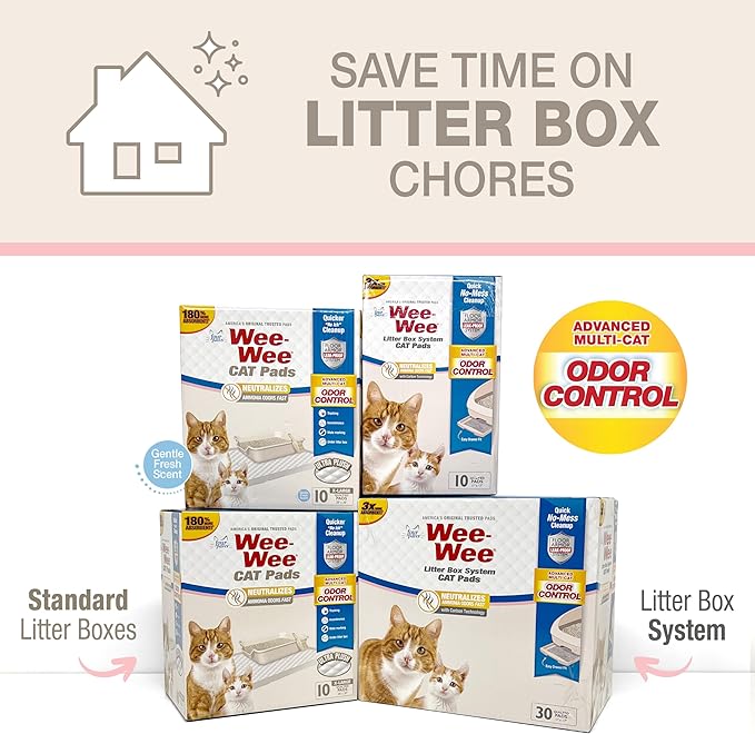 Four Paws Wee-Wee Cat Pee Pads, Disposable Litter Box Mats, Advanced Multi-Cat Odor Control, Fast Absorption Cat Box Pee Pads for Litter Tracking, 28" x 30", Unscented, 10 Count