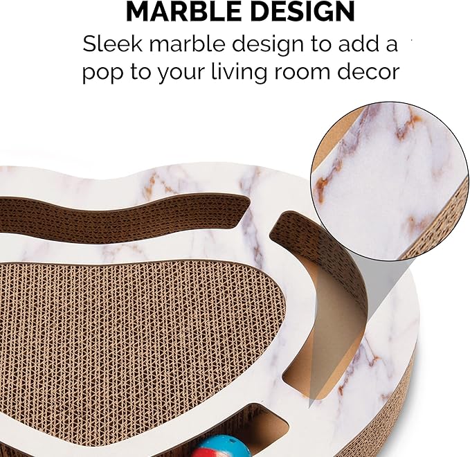 Furhaven Scratching Pad Ball Track Cat Toy w/ Catnip for Indoor Cats - Heart-Shaped Busy Box Scratcher - White Marble, One Size