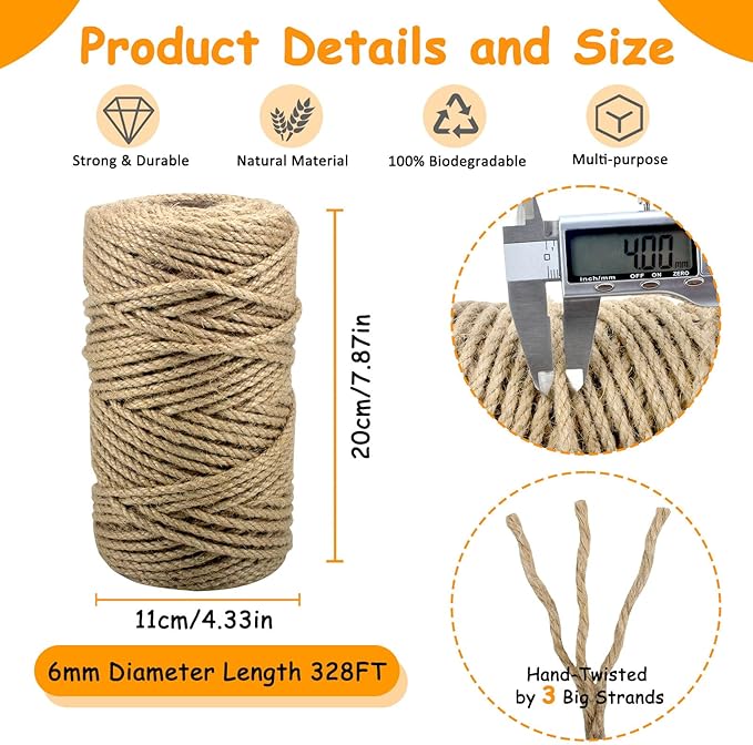 AccEncyc Jute Cat Scratch Post Rope 1/6" mm Diameter 328 FT Natural Hemp Cat Tower Repair Rope