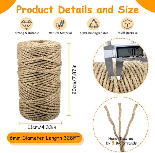AccEncyc Jute Cat Scratch Post Rope 1/6" mm Diameter 328 FT Natural Hemp Cat Tower Repair Rope