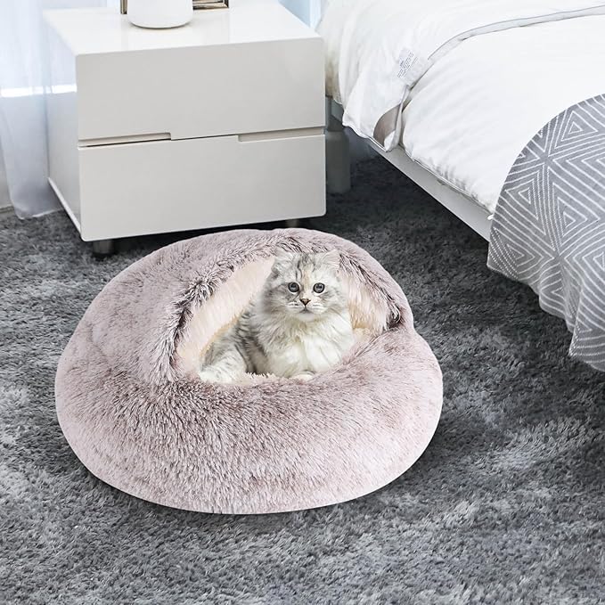 Coffee Round Hooded Cat & Dog Bed - Cave Cover, Faux Fur Cuddler, Self Warming Donut Bed, Fits up to 12 lbs Pets (20" x 20")