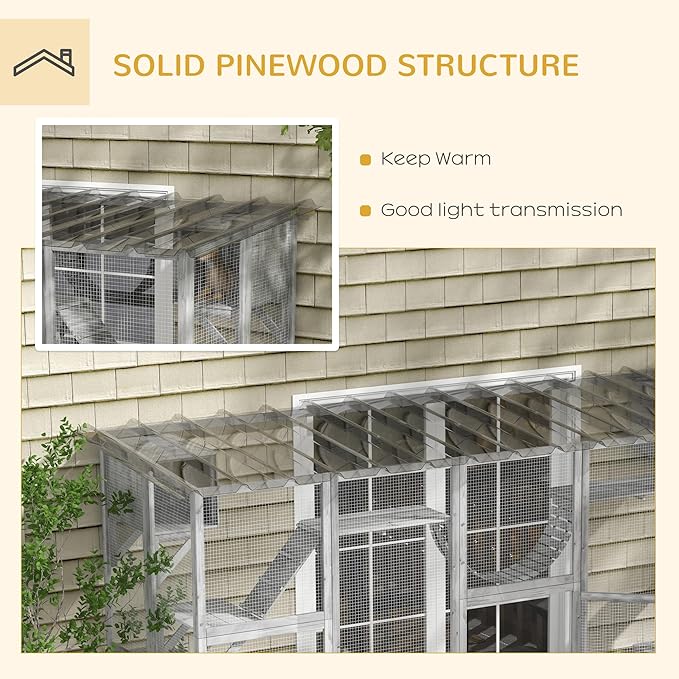 PawHut Catio Outdoor Cat Enclosure Window, Outdoor Cat House with Weather Protection Roof for Multiple Kitties, Wooden Frame, Shelves & Bridges, 118" x 37.5" x 74", Gray