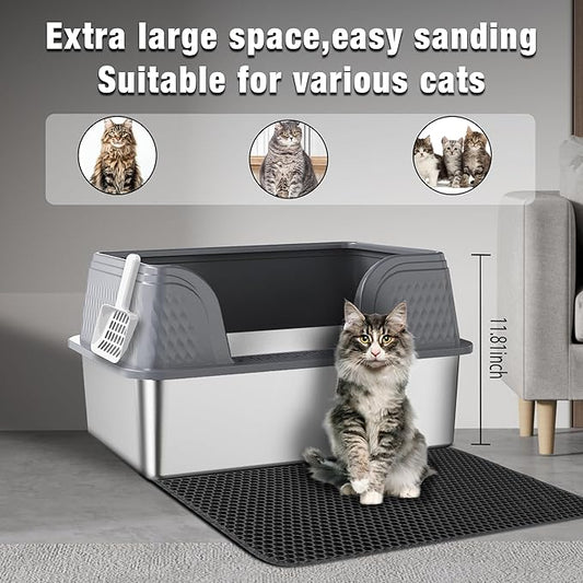 Suhaco Extra Large Stainless Steel Litter Box with Lid XXL High Sided Cat Litter Boxes Included Litter Mat & Litter Scoop Anti-Urine Leakage Metal Pet Toilet for Big Cats (Grey XXL)