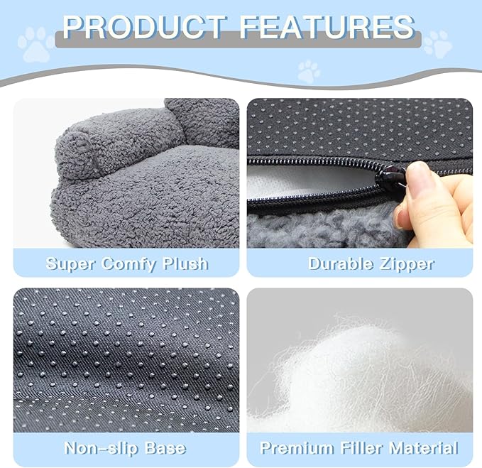 Cat Couch Bed - Cat Bed for Indoor Cats, Calming Pet Sofa Puppy Sleeping Bed with Removable Washable Cover, Cute Dog Couch and Kitty Lounge Chair for 18lbs Cats & Small Dogs(Gray)