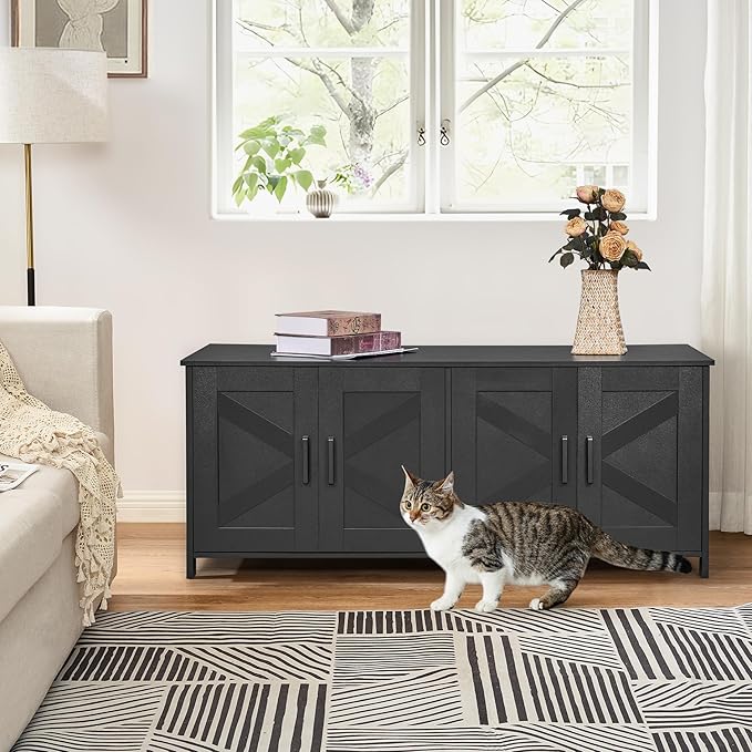 Homhedy Cat Litter Box Enclosure for 2 Cats, Litter Box Furniture Hidden with Double Room,Wooden Cat Washroom Furniture,Cat House,47.2”L x 19.7”W x 19.7”H,Black