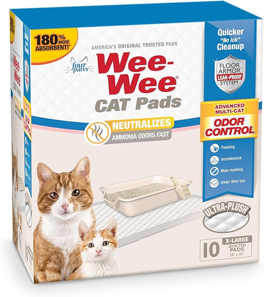 Four Paws Wee-Wee Cat Pee Pads, Disposable Litter Box Mats, Advanced Multi-Cat Odor Control, Fast Absorption Cat Box Pee Pads for Litter Tracking, 28" x 30", Unscented, 10 Count