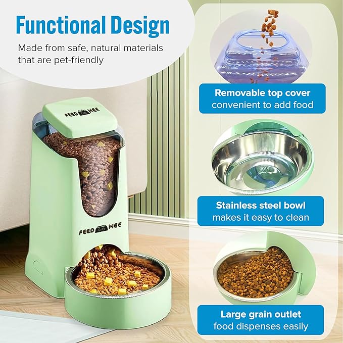 Automatic Cat Feeder Dog Water Bowl Dispenser – 2-Pack Automatic Dog Feeder with Silicone Mat, Pet Toothbrush – Safe Non-BPA Materials – Large Capacity for Small and Medium Animals Green