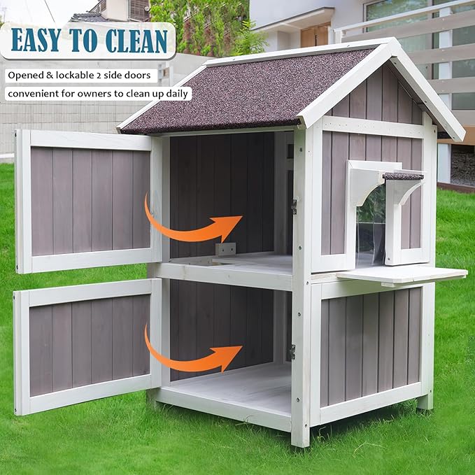 Rockever Outdoor Cat House, 2 Story Outdoor Houses for Feral Cats Wooden Outside Cat Shelter Weatherproof with Escape Door