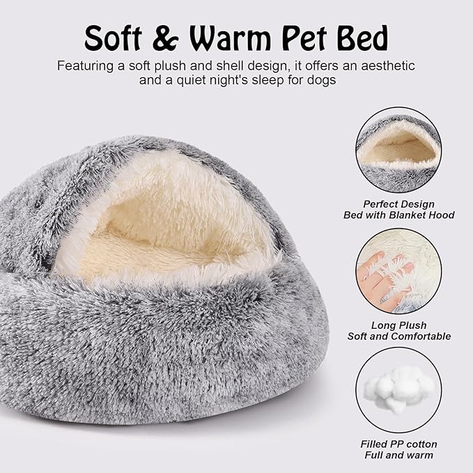 Round Hooded Cat Bed & Dog Bed with Cover Cave, Dog Bed for Small Dogs, Faux Fur Cuddler Round Coved Cat Bed Self Warming Donut Dog Bed Fits up to 12 lbs Pets (Gray, 20inch x 20inch)