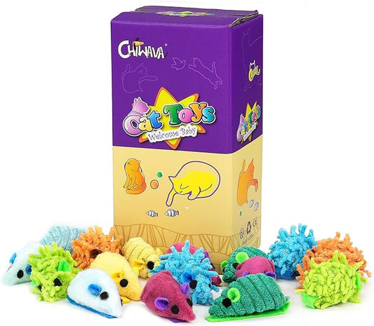CHIWAVA 27PCS 2" Striped Shaggy Cat Toy Mice with Rattle Assorted Small Mouse Interactive Play for Indoor Cats Mix Color