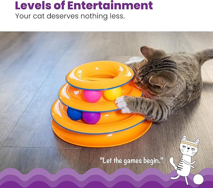 Catstages Tower of Tracks 3-Level Cat Track Toy with 6 Balls, Interactive Toy for Indoor Cats, Orange